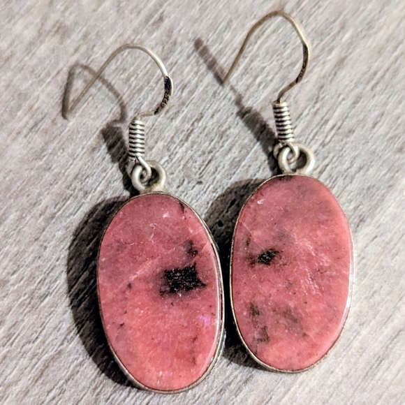 Sterling Silver Rhodonite Stone Earrings 925 Dark Rose Pink Black Fish Hook Wire - Picture 5 of 10
